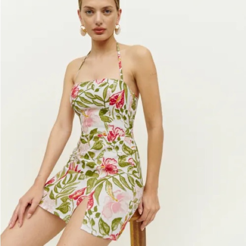 Reformation Linen Floral Dress with Red and Green